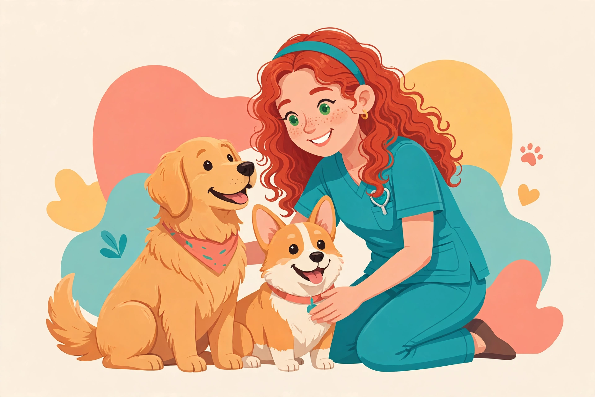 Cartoon illustration of the LV Pet PT therapist — a smiling redhead in teal scrubs — kneeling with a happy golden retriever and corgi