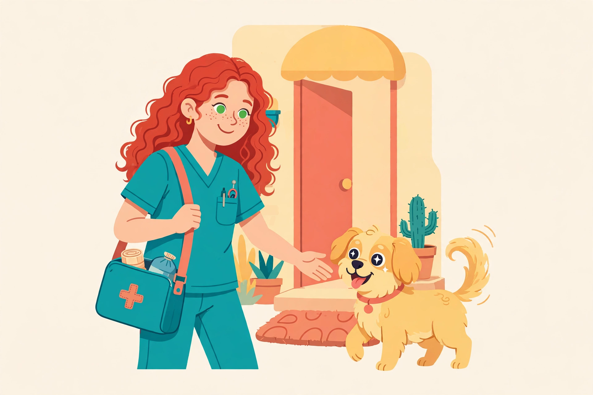 Cartoon illustration of the therapist arriving at a Las Vegas home with her therapy bag, greeted by a happy dog at the door