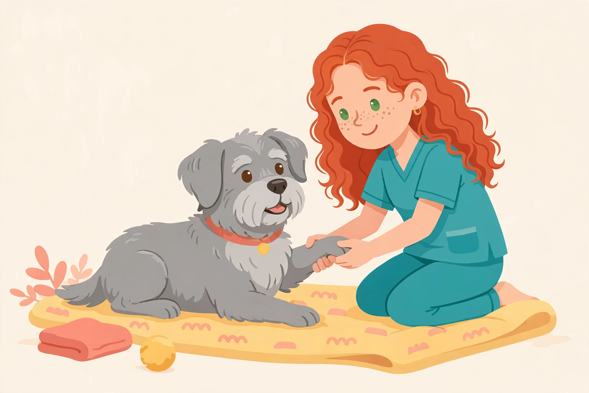 Cartoon illustration of the therapist gently helping a senior grey dog stretch on a mat