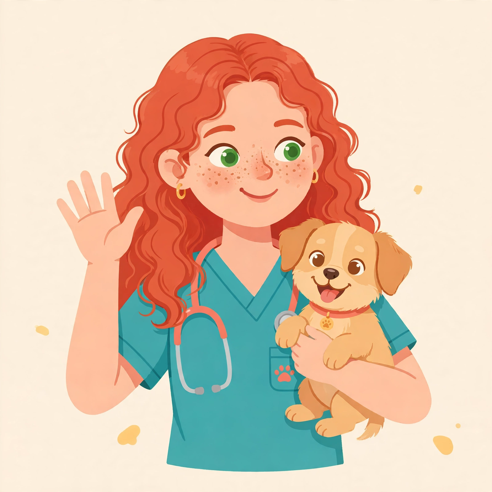 Cartoon portrait of the LV Pet PT therapist — a smiling redhead with freckles in teal scrubs — waving while holding a happy puppy